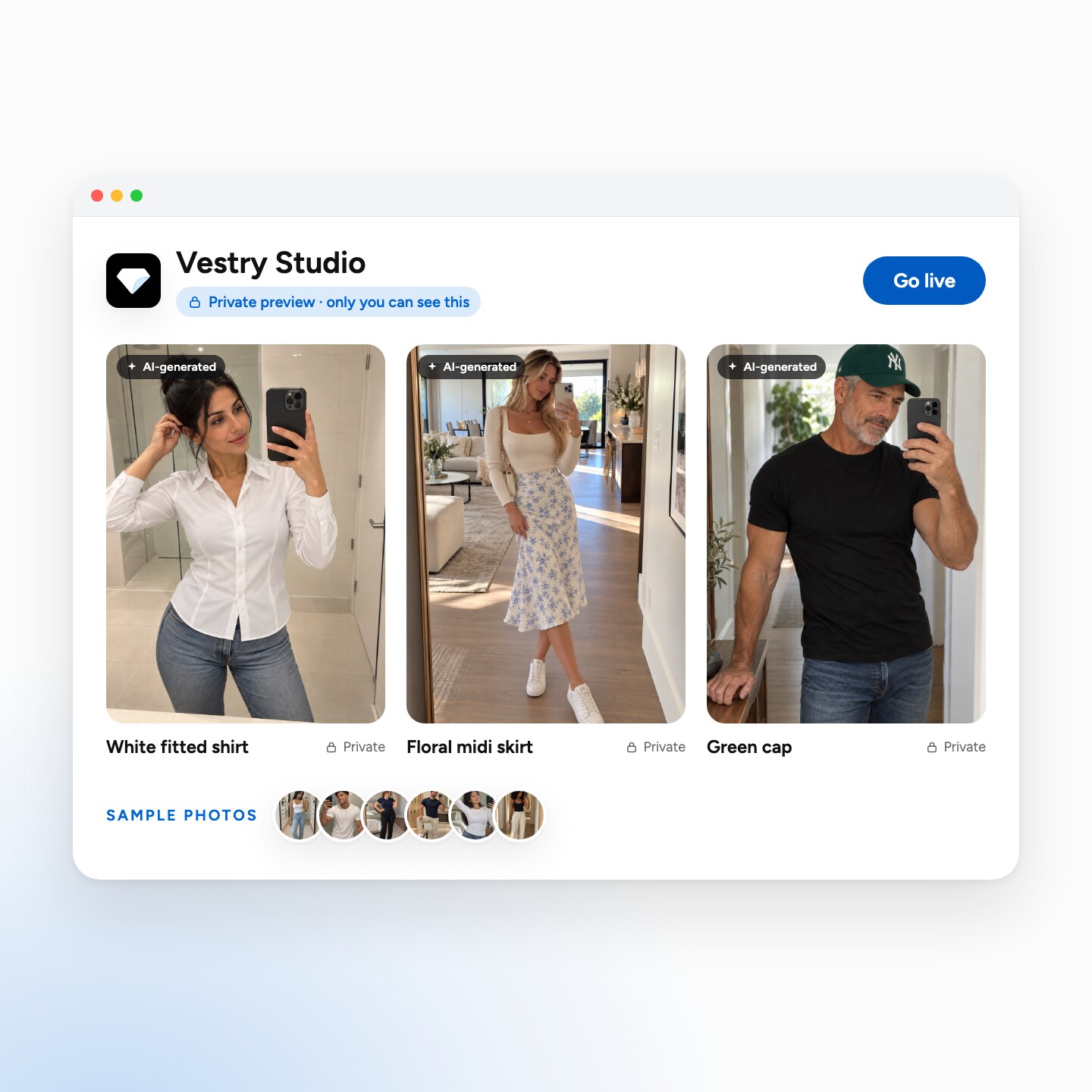 Vestry Studio, private preview only you can see: a white shirt, a floral midi skirt and a green cap tried on sample photos, each marked private, with a Go live button.