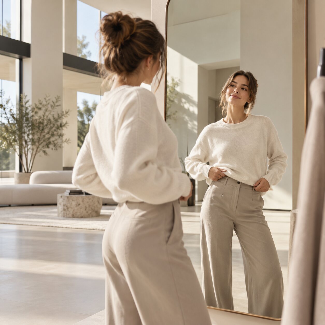 A woman in a cream jumper and wide beige trousers smiles at herself in a tall mirror in a bright, minimalist room.